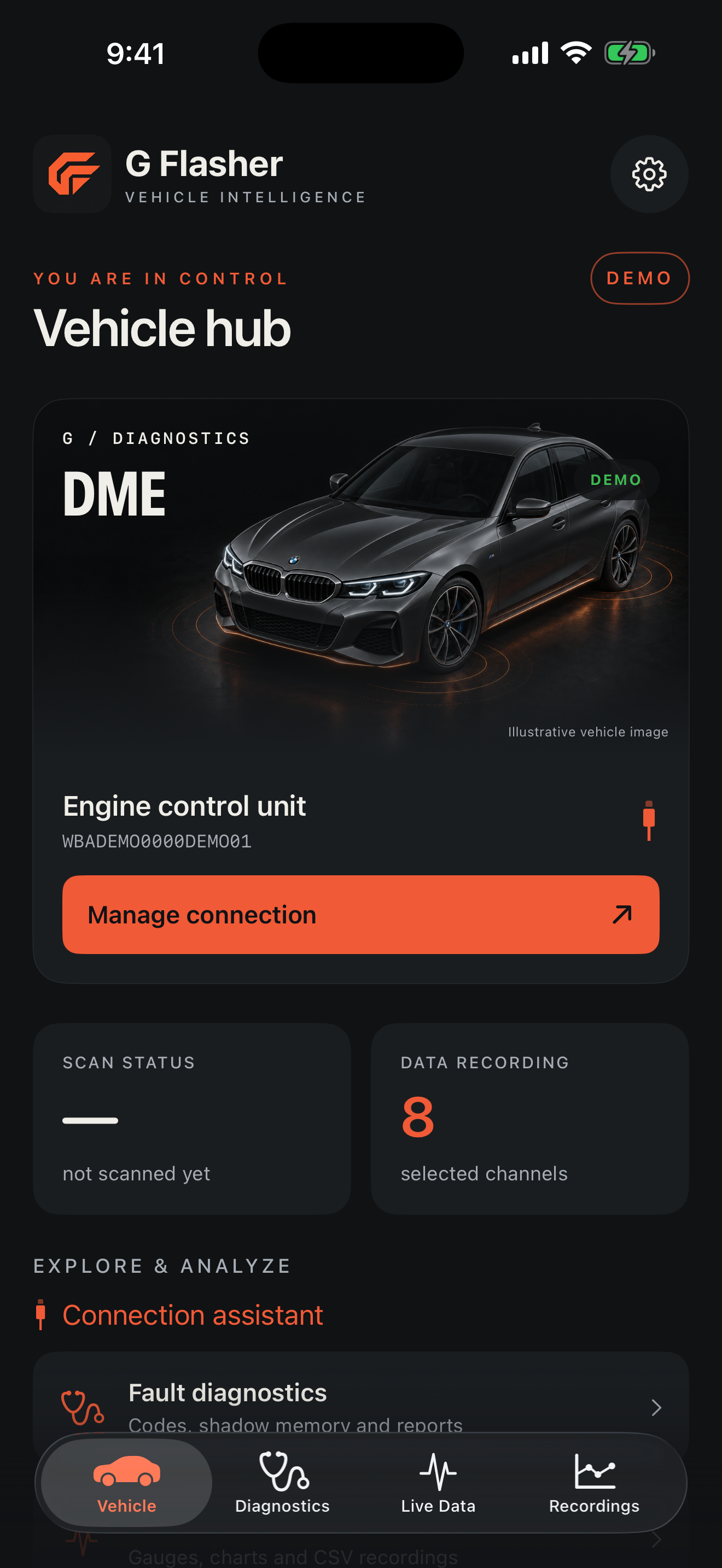 G Flasher — Vehicle overview in demo mode