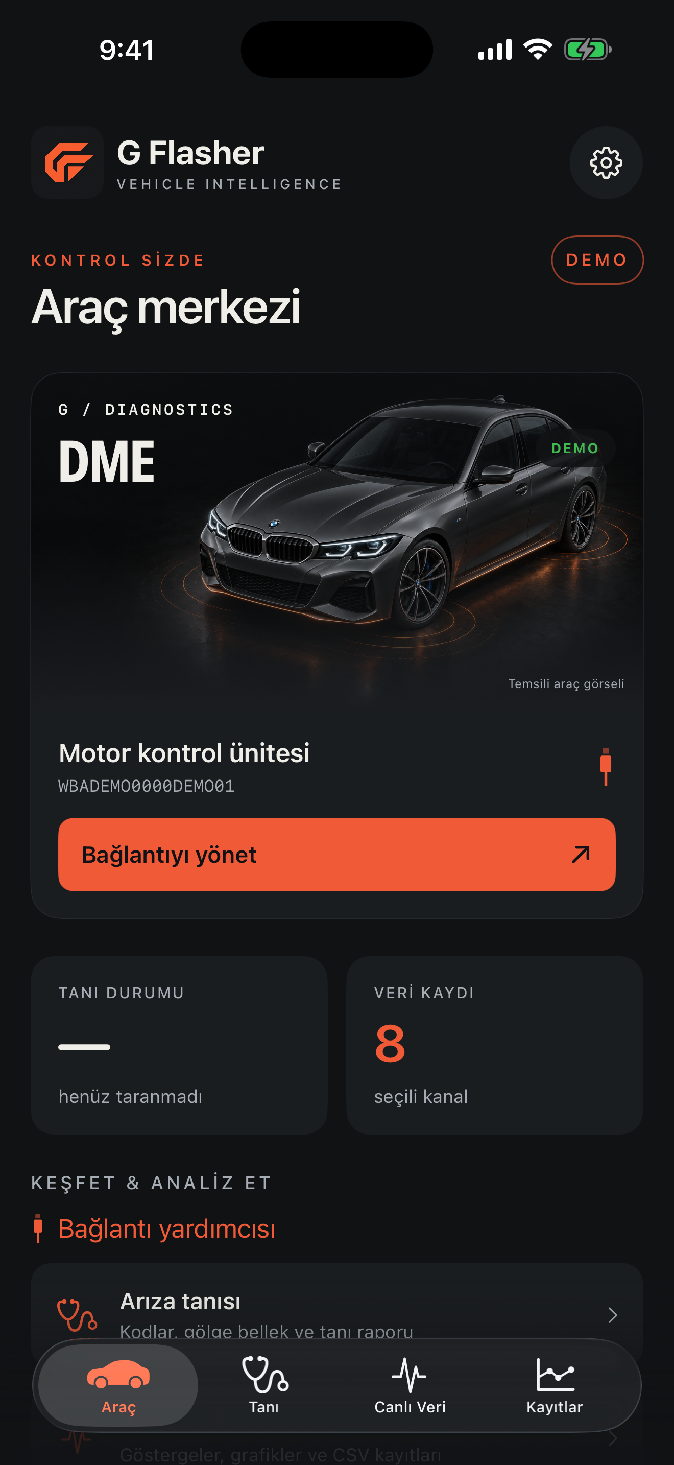 G Flasher — Araç merkezi, demo modu
